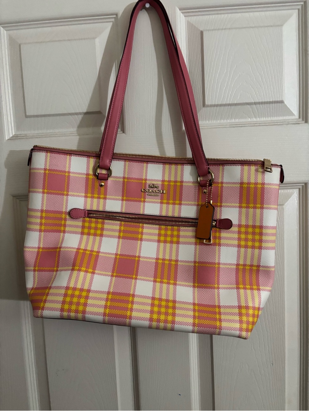 Coach Pink and Yellow Plaid Tote